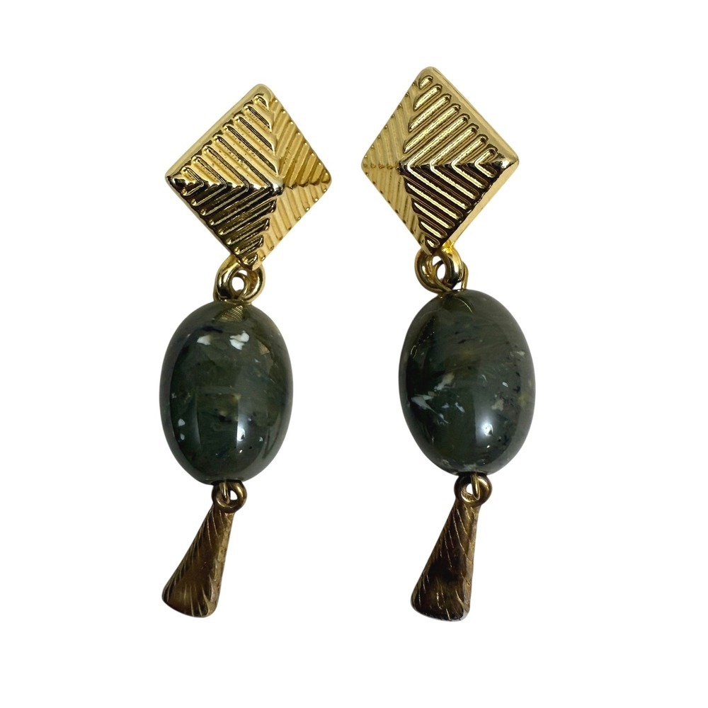 Dangle Earrings Green Stone Gold Tone Diamond Geometric Statement Jewelry 2.5 in
